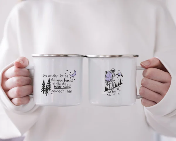 Camping Emaille Tasse "Die einzige Reise, die man bereut, ist die, die man nicht gemacht hat" – Bild 3