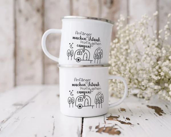 Camping Emaille Tasse "Anfänger machen Urlaub, Profis gehen campen!" – Bild 6