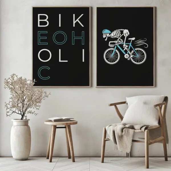 Fahrrad-Poster-Racing Bones-Wandbild-BIKEOHOLIC A2 diptych and armchair