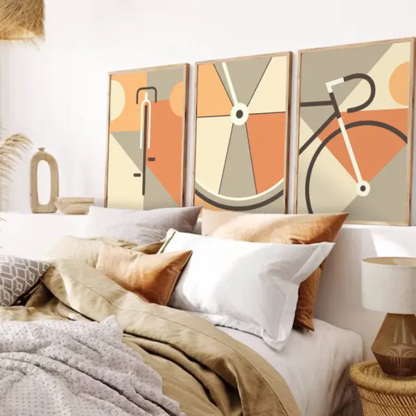 Fahrrad-Poster-wandbild-rennrad3ptich with pillows in bedroom ochra