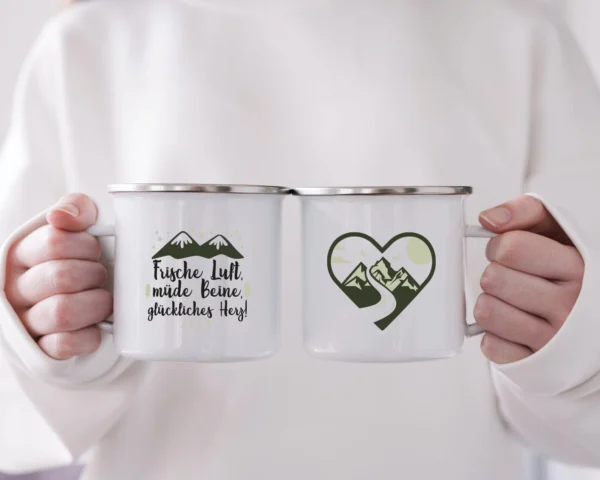 Emaille Tasse Wandern "Frische Luft, müde Beine, glückliches Herz" – Bild 2