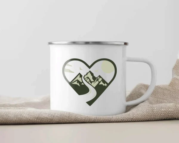 Emaille Tasse Wandern "Frische Luft, müde Beine, glückliches Herz" – Bild 3