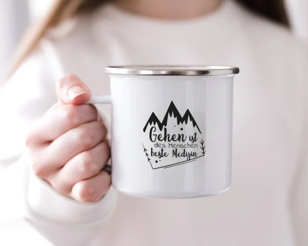 Emaille Tasse Wandern "Gehen ist des Menschen beste Medizin" – Bild 2