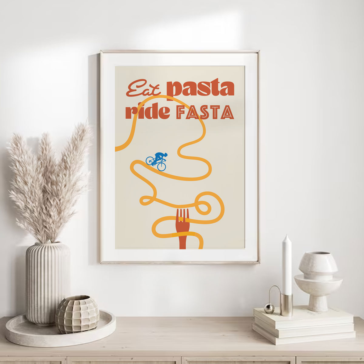 Fahrrad Poster „Eat Pasta Ride Fasta“053_A4-Orange